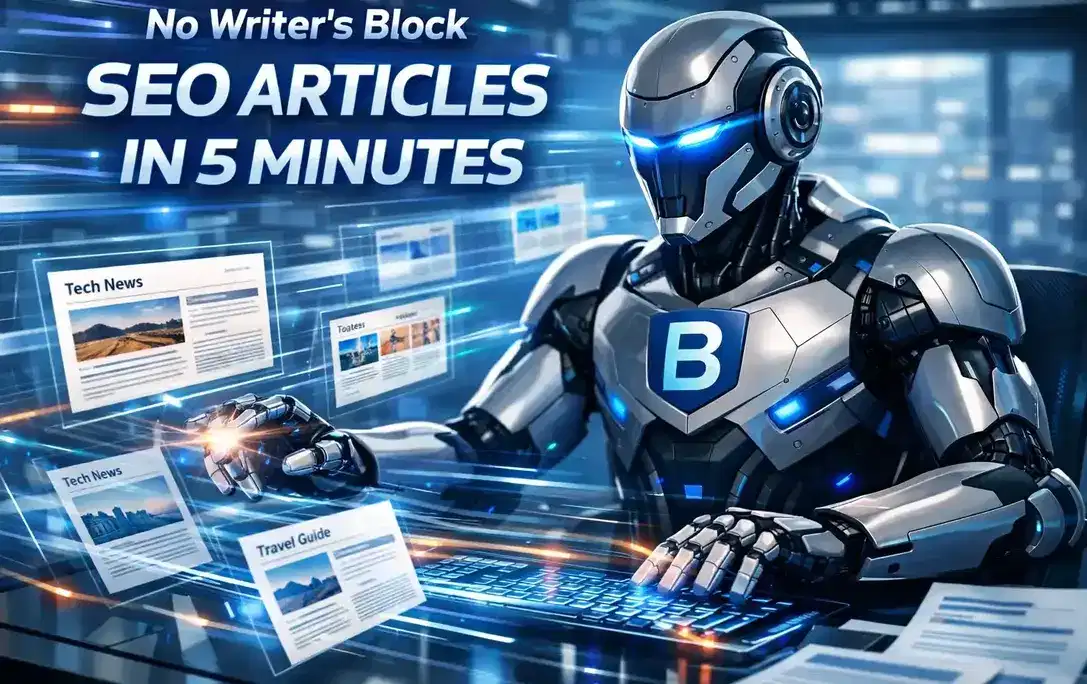 Futuristic BlogBuster robot creating SEO articles at lightning speed on a transparent touchscreen with the text “No Writer’s Block” and “SEO Articles in 5 Minutes.”