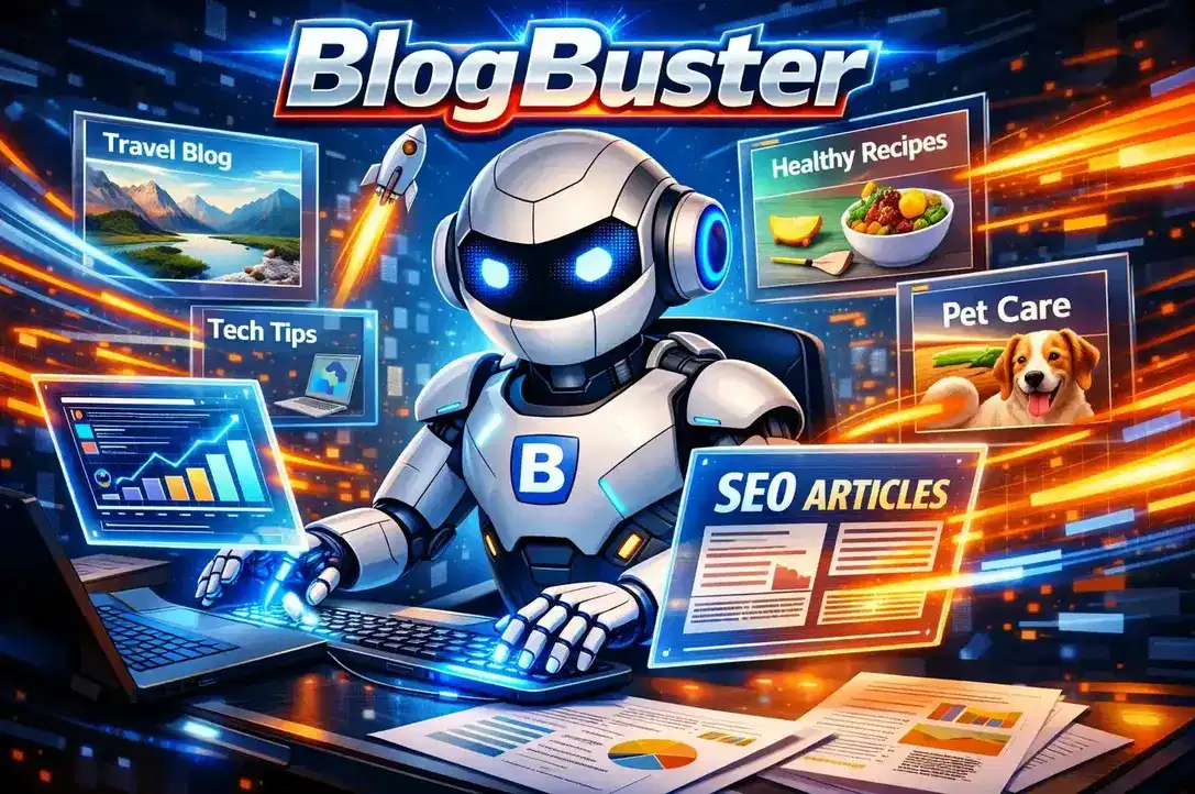 Futuristic BlogBuster robot creating SEO articles for multiple blog niches including travel, tech, health and pet care.