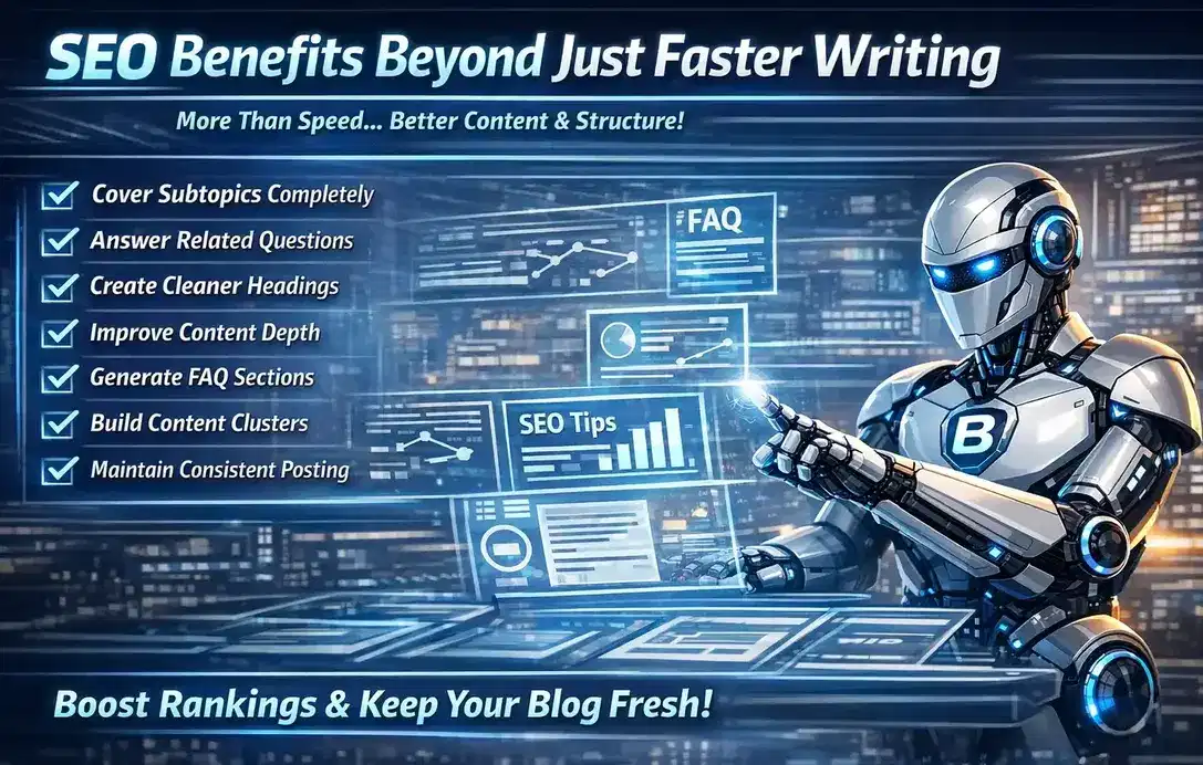 Horizontal futuristic BlogBuster ad showing an AI robot improving SEO with better content structure, FAQs, content clusters, and consistent blog publishing.