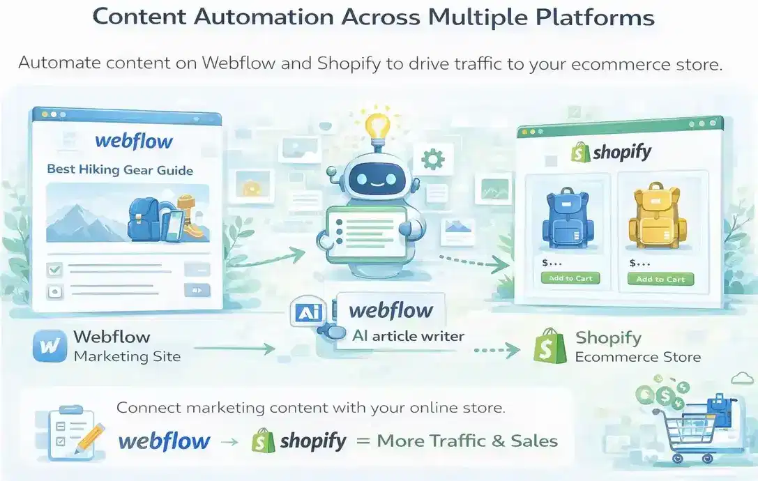 A diagram showing how content published on Webflow can drive traffic to a Shopify ecommerce store using cross platform content automation