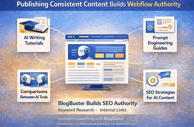 Diagram showing a Webflow site building SEO authority by publishing related AI writing articles such as tutorials, prompt engineering guides, tool comparisons, and SEO strategies.