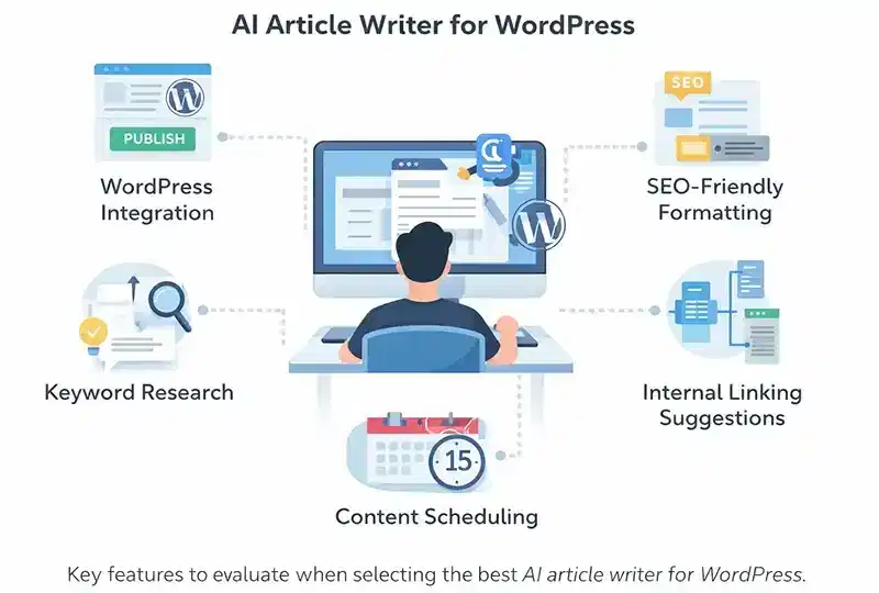 Key features of an AI article writer for WordPress including publishing integration, SEO formatting, keyword research, and internal linking.