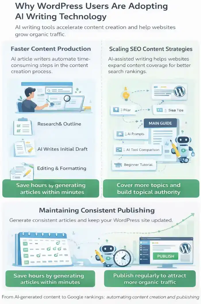 Infographic showing why WordPress users adopt AI writing tools including faster content production, scaling SEO strategies, and maintaining consistent publishing.