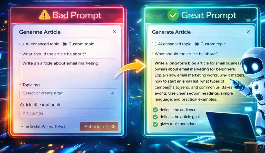 Side-by-side comparison showing a bad prompt and a great prompt inside the BlogBuster article generation window.