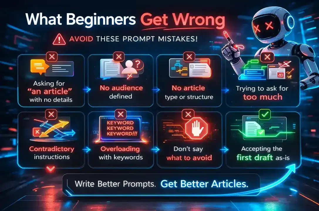 AI content illustration highlighting common beginner prompt mistakes next to a checklist for audience, topic, structure, and content clarity.
