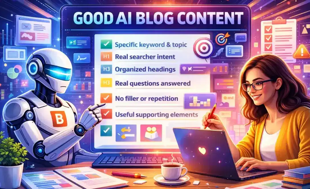 Horizontal futuristic dashboard showing blog outlines, content sections, FAQs, and publishing steps organized into a clean SEO workflow.