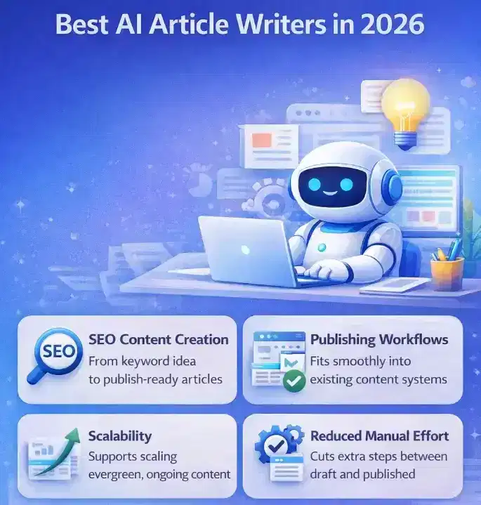 Infographic showing key strengths to look for in the best AI article writers in 2026, including SEO content creation, publishing workflows, scalability, and reduced manual effort.