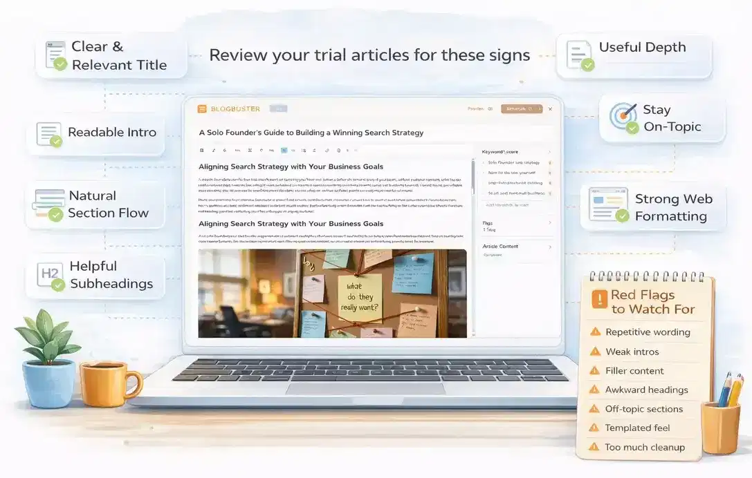 Illustration showing the BlogBuster article editor with checklist indicators for evaluating AI-generated article quality during a free trial.