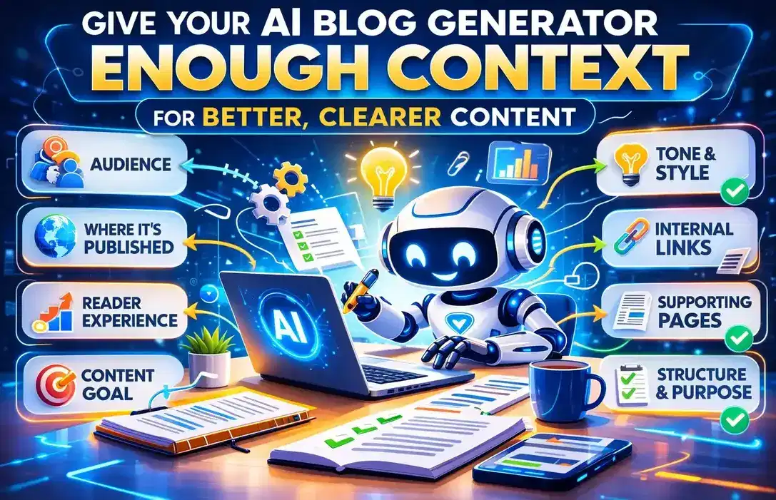Infographic showing how giving an AI article generator the right context such as audience, content goal, tone and internal links improves article quality