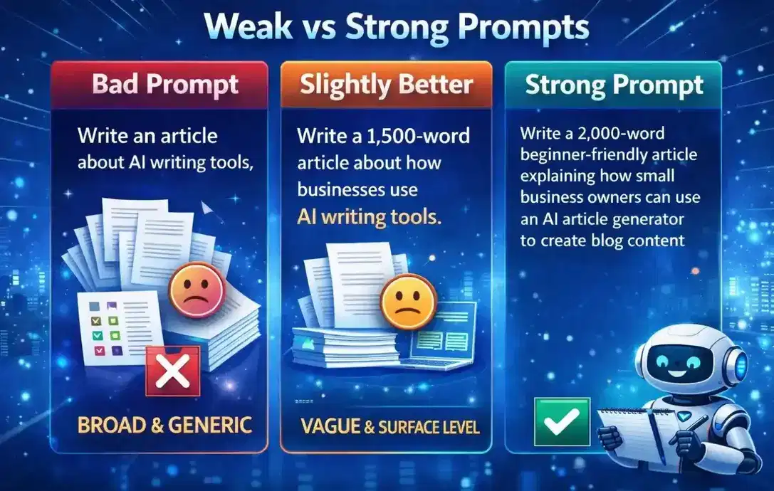Visual comparison showing bad prompt vs slightly better prompt vs strong prompt for generating higher quality AI articles