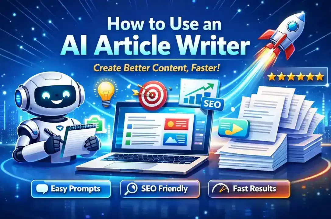 Bright futuristic featured image for How to Use an AI Article Writer, showing an AI assistant, laptop, SEO graphics and fast content creation visuals