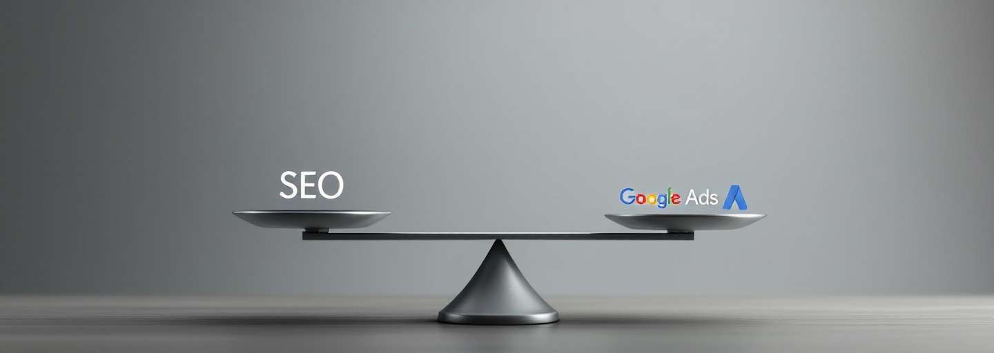 Balanced scale comparing SEO and Google Ads