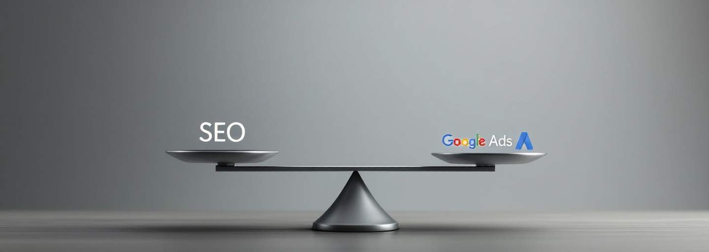 Balanced scale comparing SEO and Google Ads