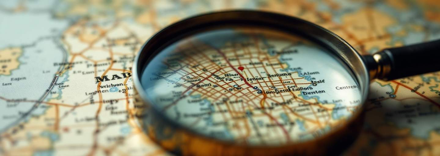 Magnifying glass focusing on map detail