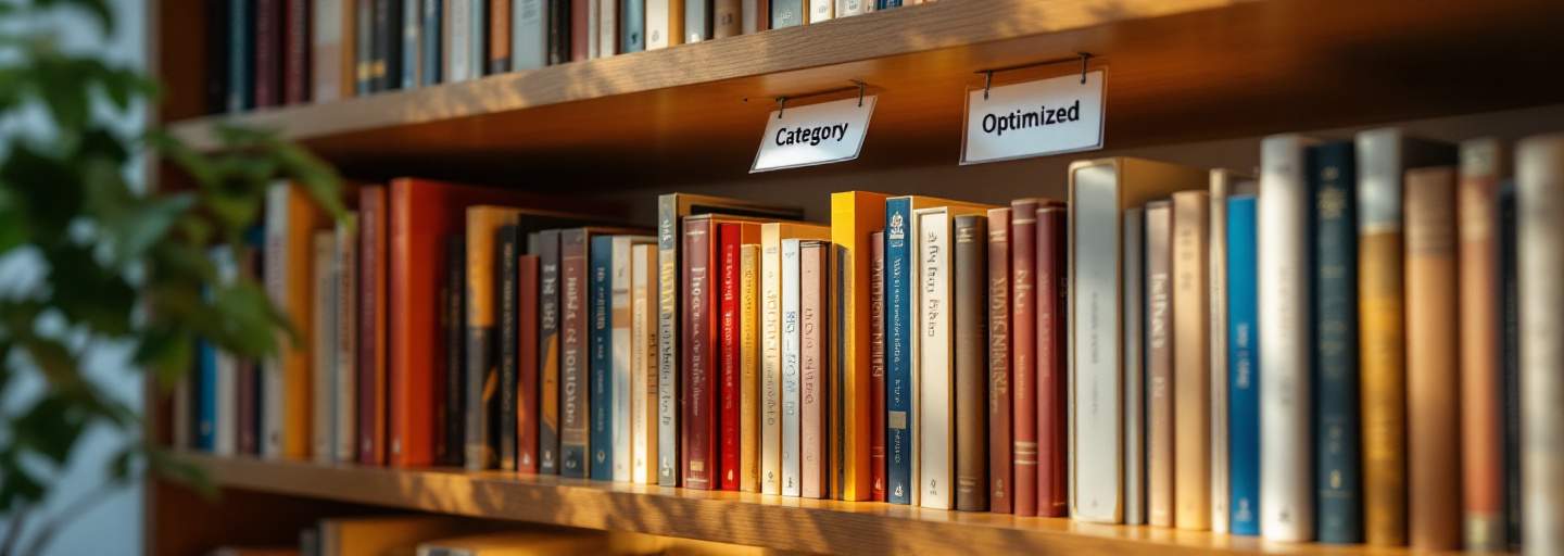 Organized bookshelf with category labels