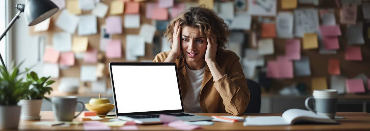 Overwhelmed marketer with content planning tasks