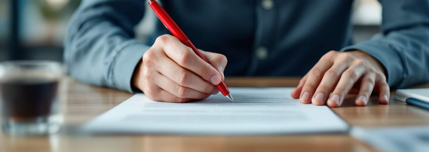 Person editing printed document with red pen