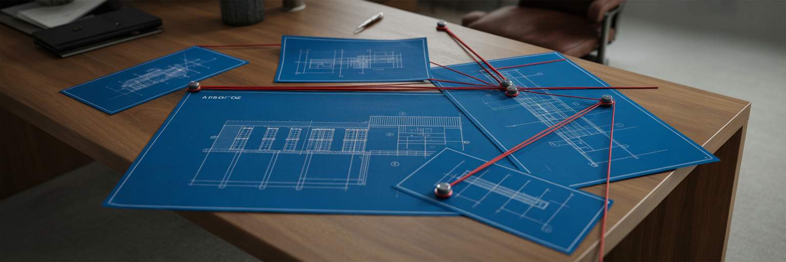 Architect blueprints showing interconnected building plans.