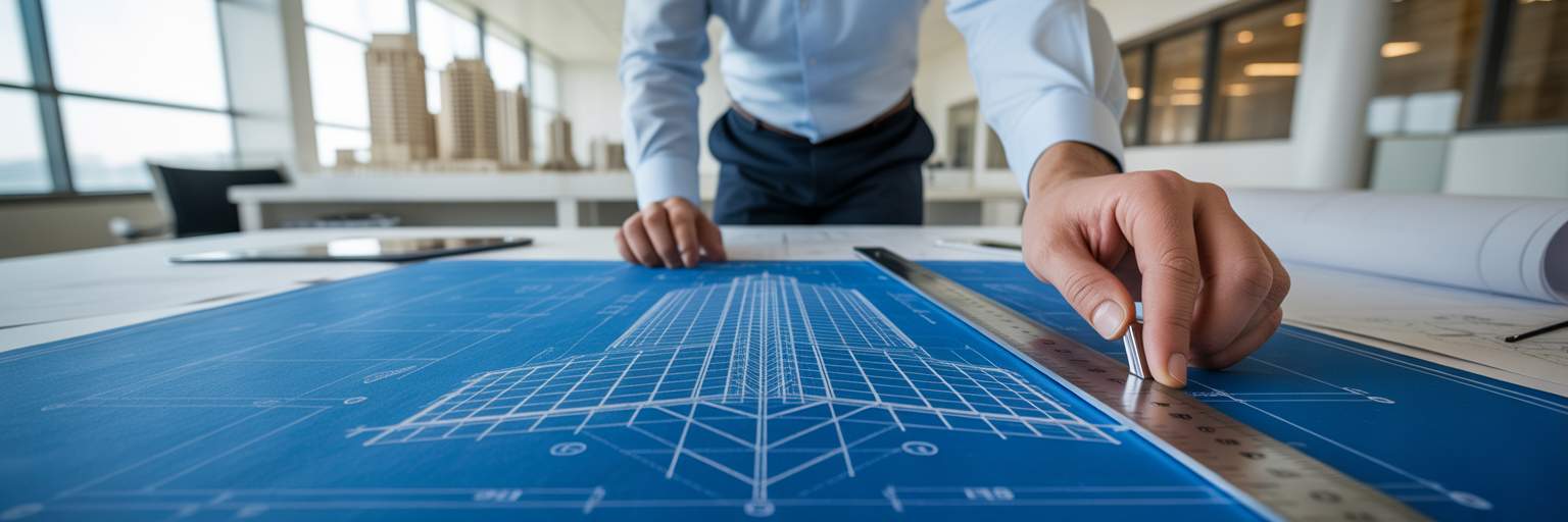 Architect reviewing a building blueprint.