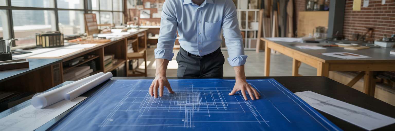 Architect reviewing blueprints for strategic planning.