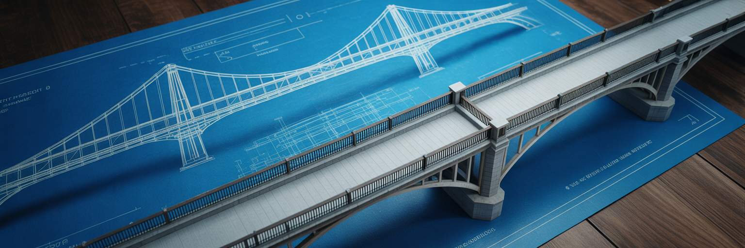 Architectural blueprint and bridge model.