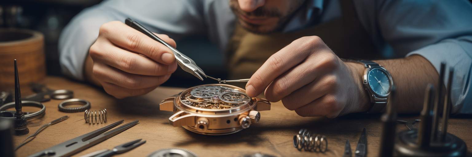 Artisan carefully assembling a watch.