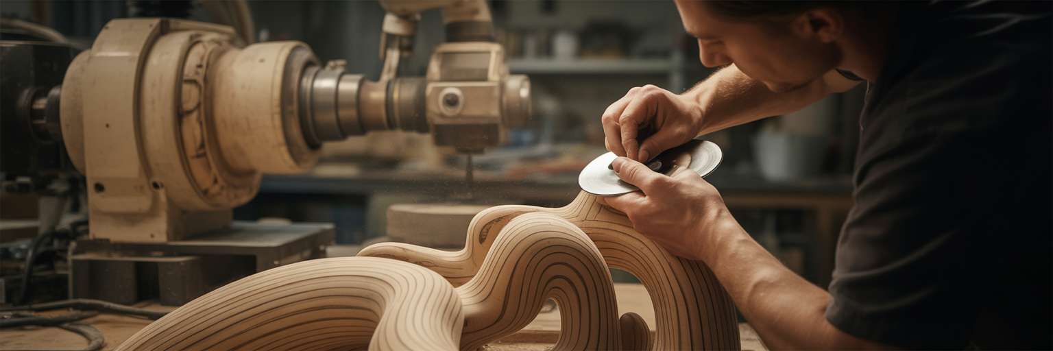 Artisan refining a complex wooden sculpture.