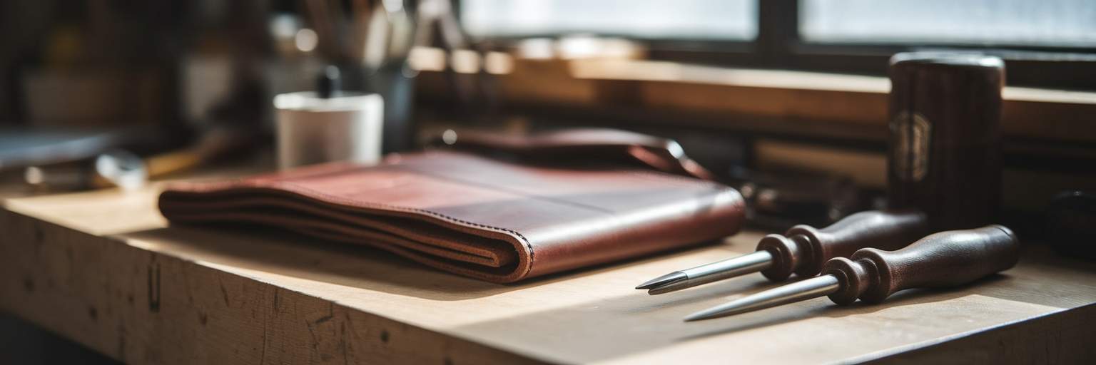 Artisan's workbench with leatherwork and tools.