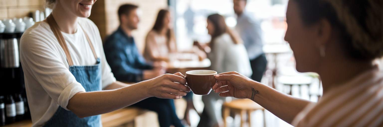 Barista handing coffee to regular customer