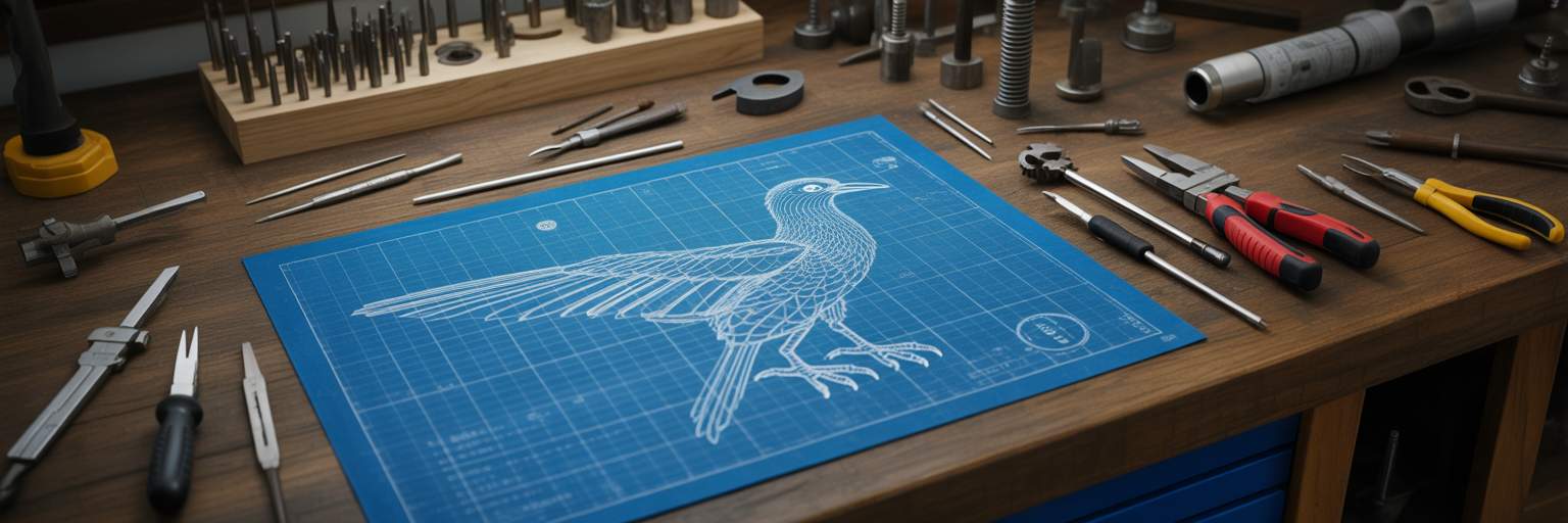 Blueprint and tools for mechanical bird.