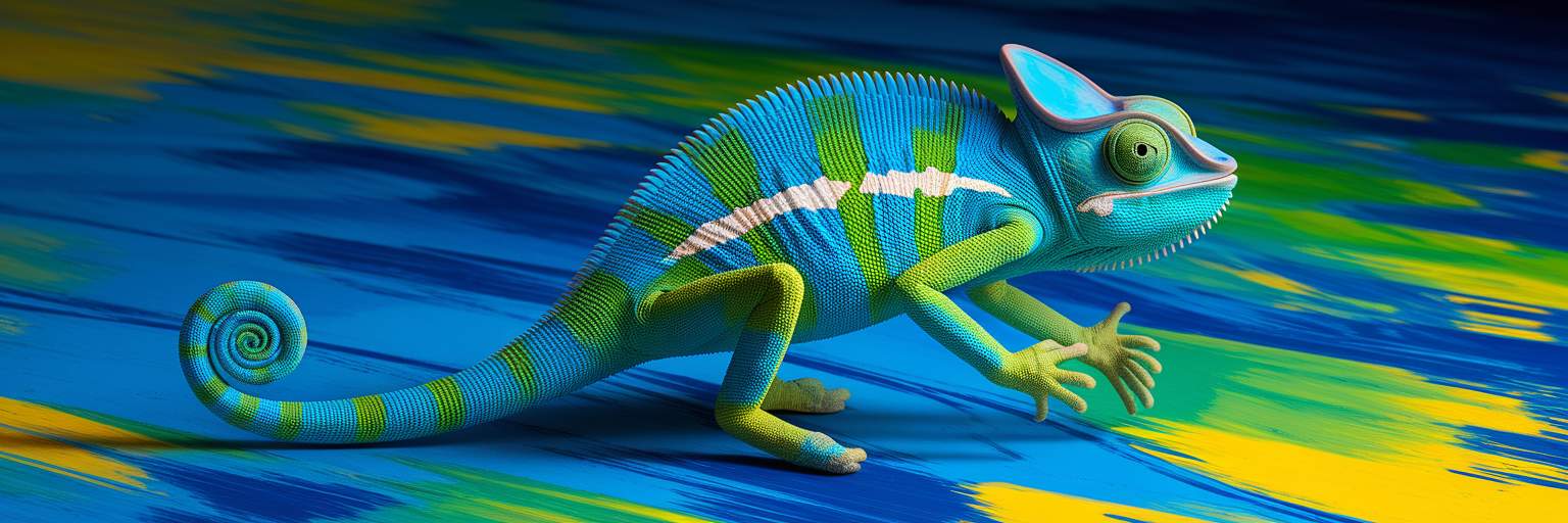 Chameleon blending into a colorful canvas