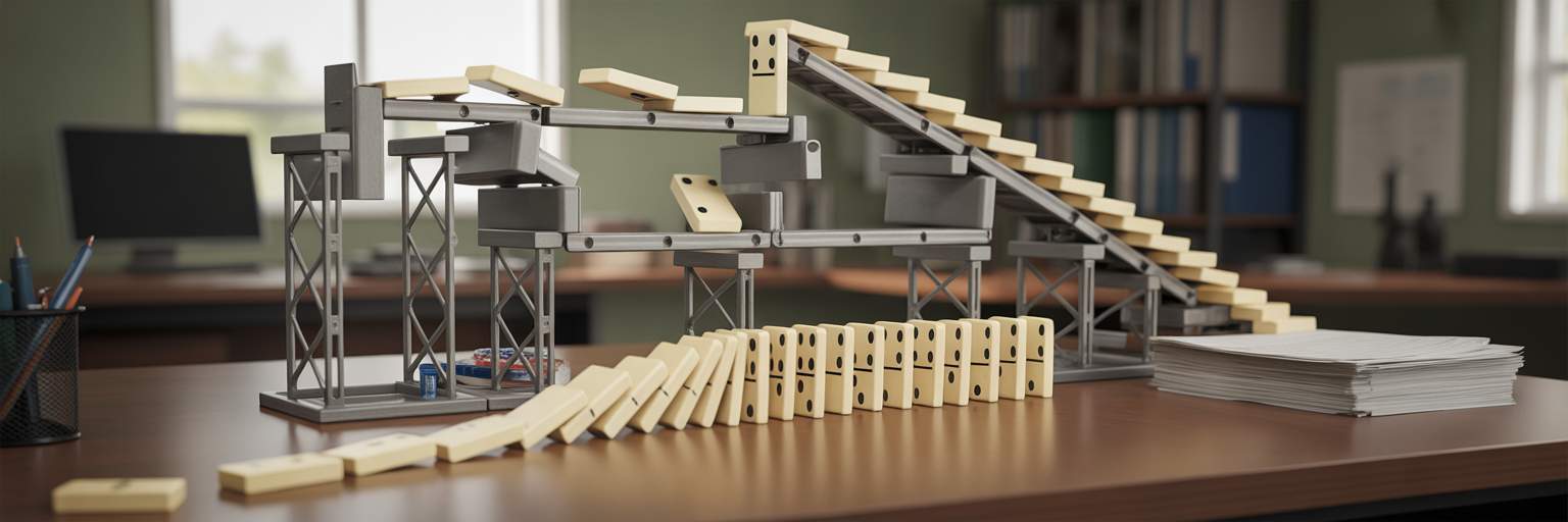 Chaotic Rube Goldberg machine about to fail.