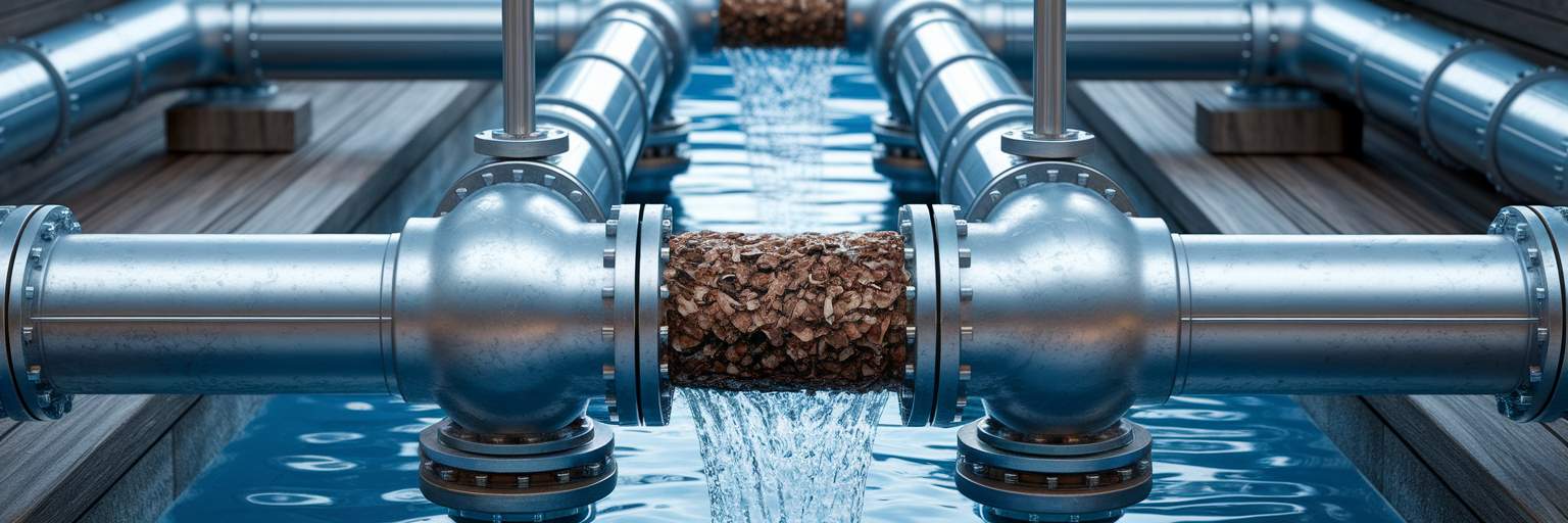 Clogged pipe in a complex water system.