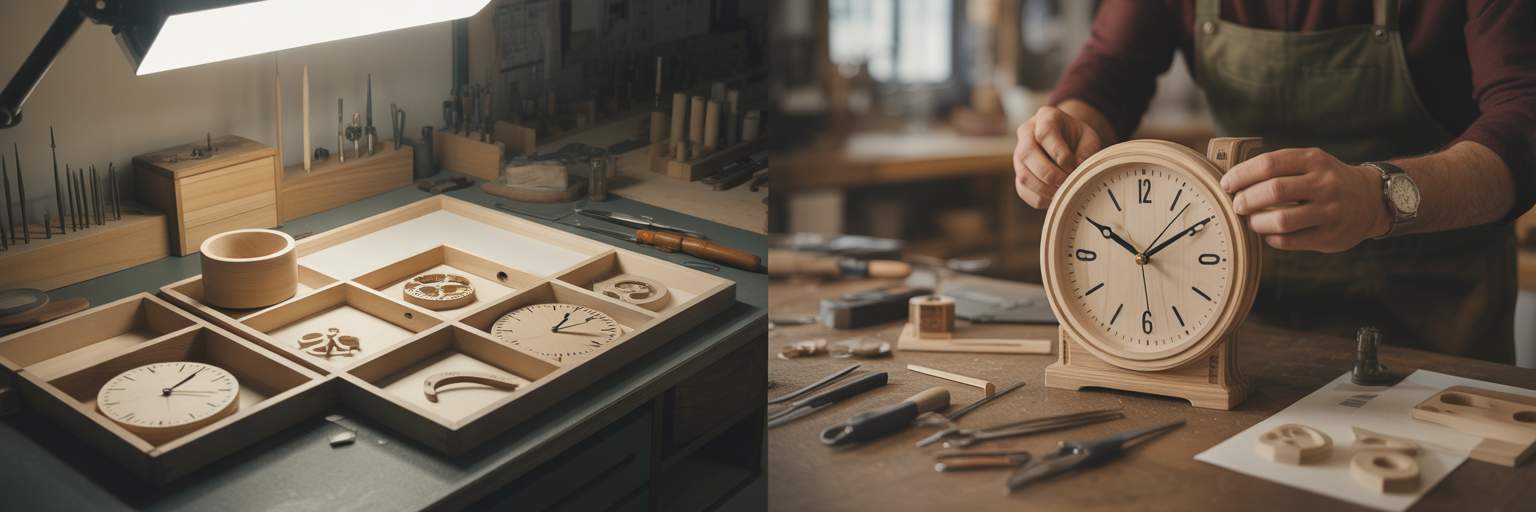 Craftsman assembling a clock from organized parts.
