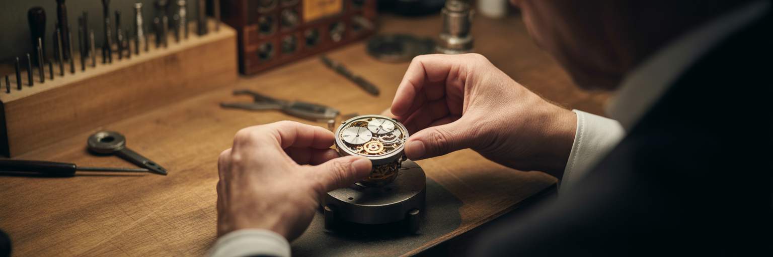 Craftsman assembling a complex mechanical watch.