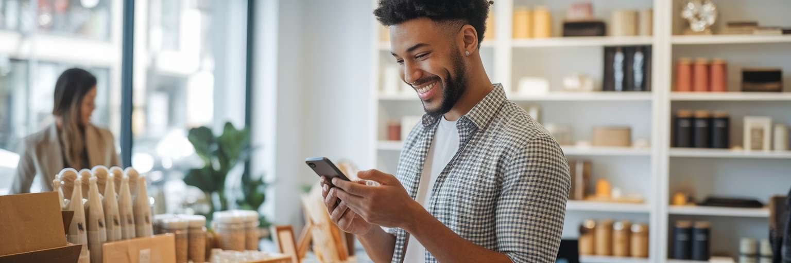 Customer making mobile purchase in boutique