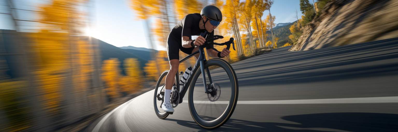 Cyclist speeding around mountain road corner.
