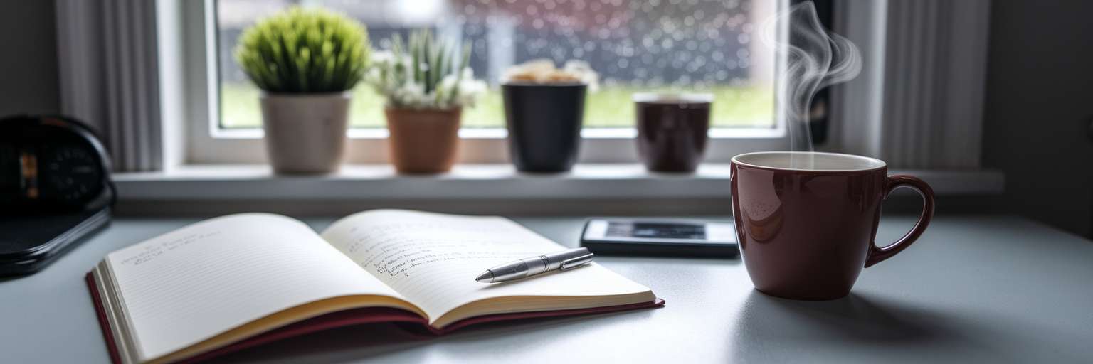 Desk with notebook and tea in Irish home office.