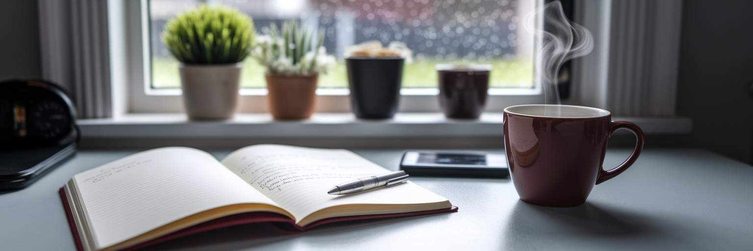 Desk with notebook and tea in Irish home office.