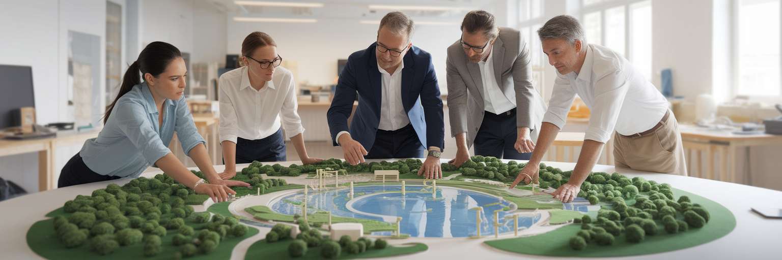 Diverse professionals collaborating over city model