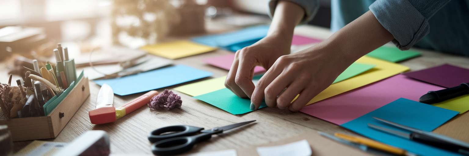 Hands arranging craft supplies for creative visuals.