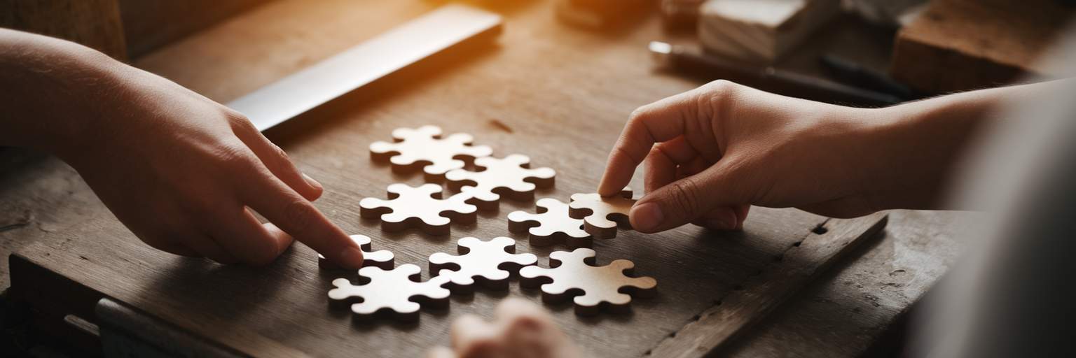 Hands assembling a wooden puzzle