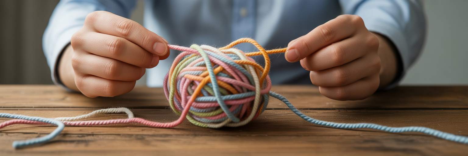 Hands carefully untangling a knotted yarn.