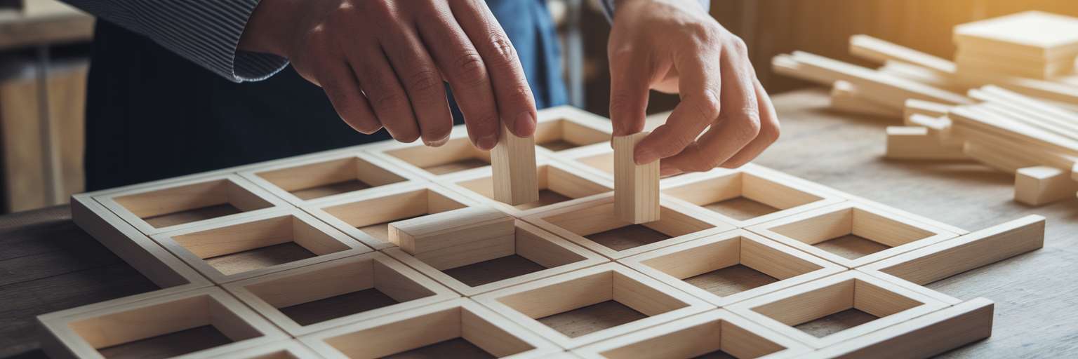 Hands fitting blocks into wooden framework.