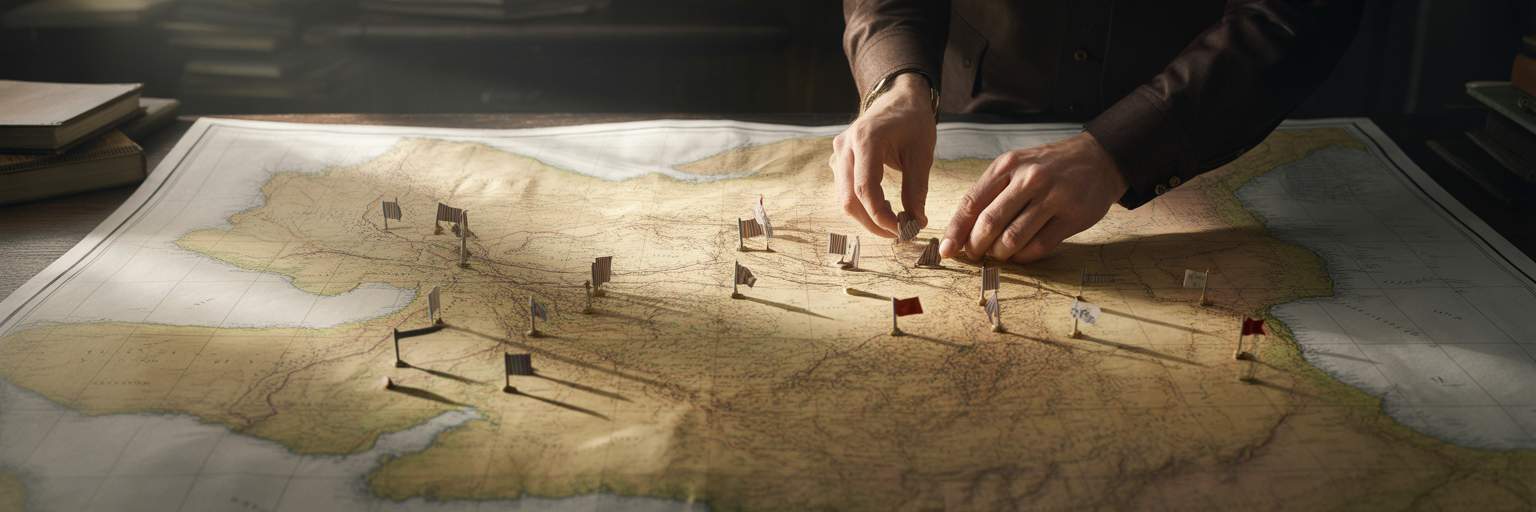 Hands placing flags on a map.