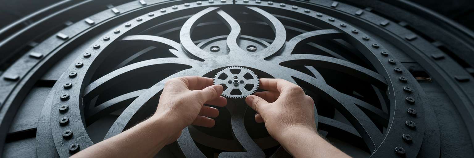 Hands placing gear in clockwork mechanism.