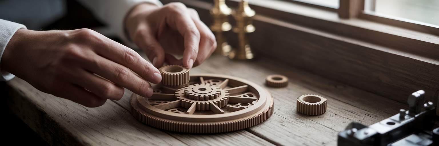 Hands placing gear into clockwork mechanism.
