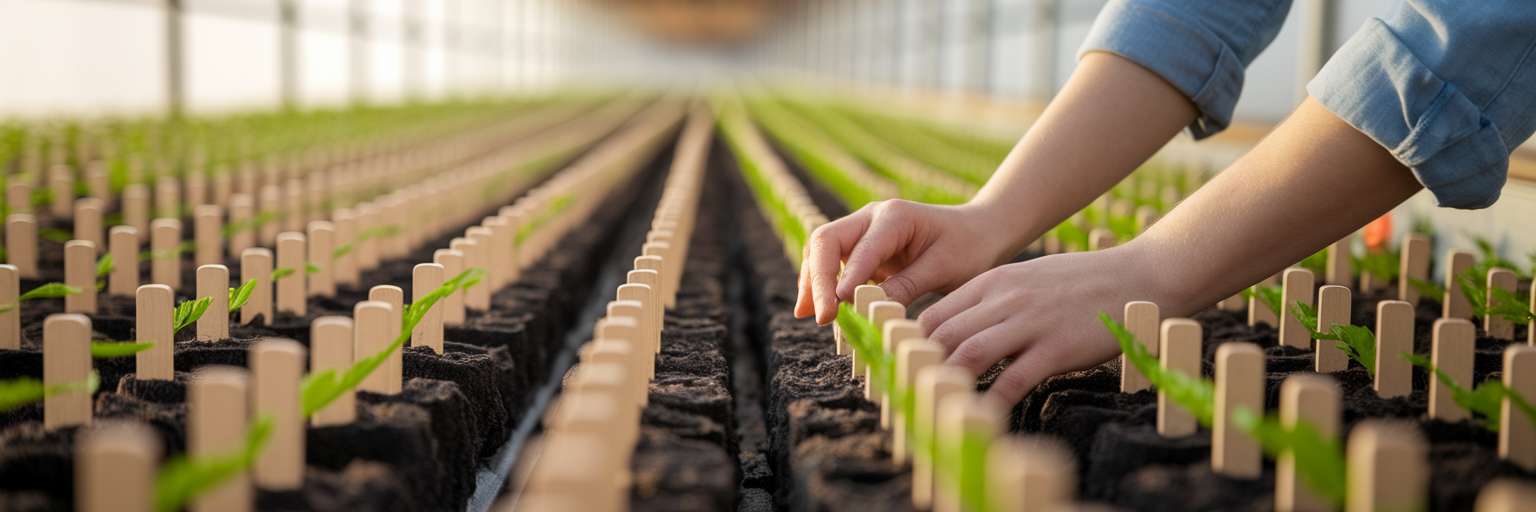 Hands tending to labeled saplings in greenhouse.