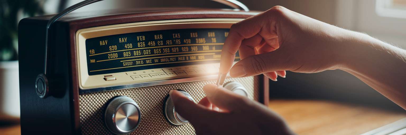 Hands tuning radio dial finding frequency