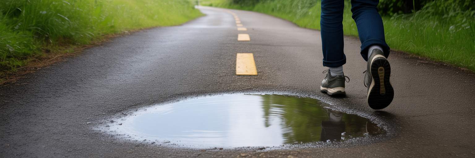 Hiker easily avoiding a puddle on a trail.